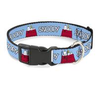 Peanuts Worldwide LLC Collar para Mascotas, Collar para Perro, Hebilla de plástico, Snoopy y Woodstock Dog House Pose y Texto Azul Cielo, 16 a 23 Pulgadas, 1.5 Pulgadas de Ancho