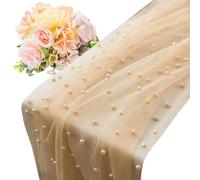 Pearl Table Runner - Sheer Tulle Boho Tablecloth | Corredor de tul suave cortable con decoración de perlas para bodas, navideñas, mesa de postre, mesa de centro, decoración del