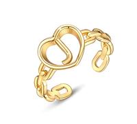 PEARLOVE Anillo de mujer de plata de ley 925, ajustable, apilable, chapado en oro de 18 quilates, letras abiertas de oro, plata de ley