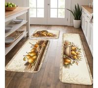 Pears - Juego de 3 alfombras de cocina rústicas con hojas de madera color amarillo otoñal, suaves, lavables, para fregadero, lavandería, baño, pasillo