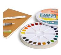 PEBEO - Acuarela - Estuche de 24 medias tazas + Accesorios + Cuaderno de papel de acuarela - Kit de acuarela para artista y principiante - Pincel de depósito + Fieltro negro + Cuaderno de acuarela