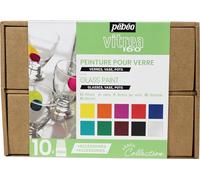 Pébéo - Caja Colección Vitrea 160 - Set Pintura Vidrio - Decoración Vidrio - 10 Botellas de 45 ml - Colores Surtidos 1 + Cerne Relief Tubo Negro 20 ml + Accesorios + Guía Creativa