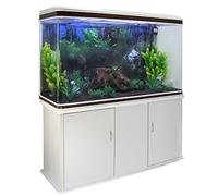 Pecera Acuario 300 litros para Peces Agua Dulce,Tropicales+Marinos con Mueble Blanco,Grava Negra,Calentador 300W Ajustable,Filtro,Bomba Aire,Zona Observación 180º +Luz LED, 2 Años Garantía Eléctrica