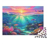 Peces Arrecife Coral Submarino Puzzle de 1000 Piezas Papel para Adultos Naufragio Atardecer Juego de Puzzle 1000 Piezas Relajante Hogar Regalo 52x38cm/1000pcs