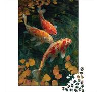 Peces koi realistas y Hojas Doradas de otoño Rompecabezas Puzzle,38x26cm/1000pcsAdulto Juego EduGatoivo Decoración del Hogar