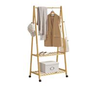 [en.casa] Pechero Burro con Ruedas 2 Estantes 1 Barra 4 Ganchos para Recibidor Dormitorio Tiendas de Ropa Organizador al Baño Zapatero Bambú 152 x 70 x 43 cm - Color Natural