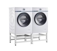 [en.casa] Pedestal Doble para Lavadora y Secadora Soporte con Estante Extraíble Almohadillas Antideslizantes Patas Engomadas Acero Sinterizado 124 x 54 x 37 cm Blanco