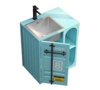 Pedestal que ahorra espacio Tocador de baño 27,5 pulgadas, mueble independiente con lavabo acero inoxidable, pedestal gabinete metal estilo industrial almacenamiento abierto(Light Blue)