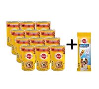 Pedigree Adult Comida húmeda para perros con gelatina de ternera 12x1200g + DentaStix ¡GRATIS!
