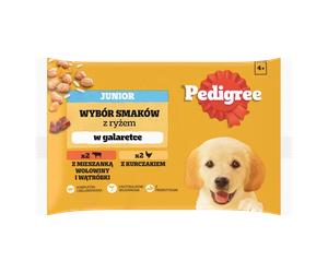 PEDIGREE Junior sobre 4x100 g - Selección de sabores con arroz en gelatina, un alimento húmedo completo para perros en crecimiento (trozos ricos en pollo y trozos ricos en una mezcla de carne de vacun