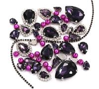 Pedrería, Cadena de copa cristal con strass for coser, diamantes imitación multicolor y múltiples bases(Deep Purple,Sliver Base)