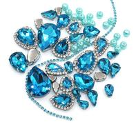 Pedrería, Cadena de copa cristal con strass for coser, diamantes imitación multicolor y múltiples bases(Lake Blue,Sliver Base)