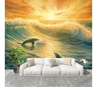 Peel and Stick DIY Fotomurales 250X175 cm OcéAno Puesta De Sol Delfines Decoración Papel Tapiz del hogar Murales Creativo Color Naranja Salón Dormitorio Oficina Habitación Fondo Pegatinas Pared