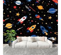 Peel and Stick DIY Fotomurales 300X210 cm Caricatura Planeta Nave Espacial Decoración Papel Tapiz del hogar Murales Creativo Negro Salón Dormitorio Oficina Habitación Fondo Pegatinas Pared