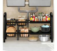 Peelanmall Organizador de cocina, 2 niveles, extensible, armario organizador con 4 cestas de almacenamiento y 4 estantes (extraíble) para cocina, baño, productos de limpieza, detergente (negro)