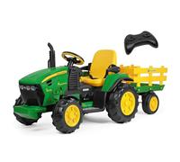 Peg Perego John Deere RC Tractor - Tractor eléctrico corredizo y teledirigido para niños, 12 V, con remolque, mando a distancia, 2 ruedas motrices, radio FM, 1 año