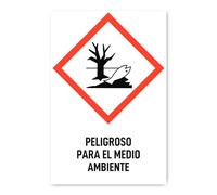 Pegatina: 300 x 200 mm, 1 pieza - peligroso para el medio ambiente - Idioma: español - símbolo de peligro con texto (rojo/blanco) - vertical - GHS09 - pictograma de peligro UN/GHS