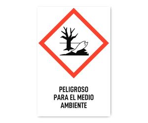 Pegatina: 300 x 200 mm, 1 pieza - peligroso para el medio ambiente - Idioma: español - símbolo de peligro con texto (rojo/blanco) - vertical - GHS09 - pictograma de peligro UN/GHS