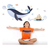 Pegatina adhesiva para niños, diseño de ballena y barco pirata, decoración de pared para habitación infantil, 1 tabla de 70 x 50 cm
