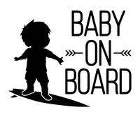 Pegatina Baby On Board Niño Surf - Vinilo Adhesivo 18x14cm para Coche - Sticker Bebé a Bordo Surfista - Señal Seguridad Infantil para Cristal Trasero - Original para Padres Surferos (Blanco Mate)