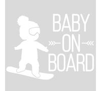 Pegatina Baby On Board Snowboard 18x14cm - Vinilo Adhesivo Niño a Bordo para Coche - Sticker Bebé Deportista - Señal Seguridad Infantil para Cristal Trasero - (Blanco)