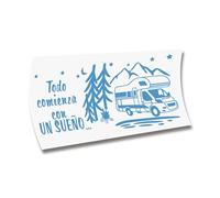PEGATINA CARAVANA VINILOS AUTOCARAVANAS "TODO COMIENZA CON UN SUEÑO" (Azul Hielo, 60 x 32,2 cm)