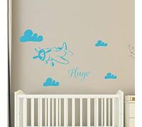 Pegatina con Nombre Personalizado, diseño de avión en Las Nubes - Decoración de Pared para habitación Infantil - 2 láminas de 35 x 25 cm y 40 x 25 cm - Azul Cielo