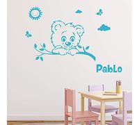 Pegatina con Nombre Personalizado, diseño de Oso - Decoración de Pared para habitación Infantil - 2 láminas de 30 x 40 cm y 45 x 30 cm - Azul Cielo