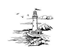 Pegatina de pared con dibujos de faro junto al mar, pájaro, viaje, baño, dormitorio, aventura, exploración, sala de estar-L-56x68cm-Black