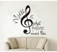 Pegatina de pared con frase "La música es lo que suena cuando uno se siente", con notas musicales para sala de estar, decoración del hogar, color negro, 56 cm de ancho x 50 cm de alto