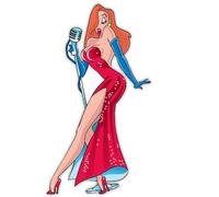 Pegatina de pino up jessica cantante delante de un vieu micro, 13 x 7 cm, pegatina