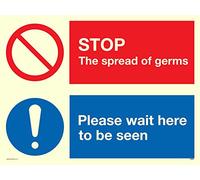 Pegatina de vinilo fotoluminiscente con texto "Stop Gérms Please wait here to be seve"