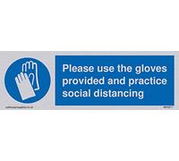 Pegatina de vinilo plateado con texto en inglés «Please use the Glove Supply and Practice social Distancing Sign»