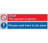 Pegatina de vinilo plateado con texto "Stop germs Please wait here to be view"