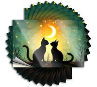 Pegatina divertida para ventana de aliento con dos gatos bajo el cielo iluminado por la luna. para otoño (6 x 9 cm)
