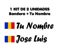 Pegatina Vinilo Bandera Rumania + tu Nombre - Bici, Casco, Pala De Padel, Monopatin, Coche, Moto, etc. Kit de Dos Vinilos (Paq Fuentes 1)
