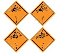 Pegatinas: 100 x 100 mm, 4 unidades - Nota de peligros - Clase 1.1 - Grupo de compatibilidad D - Sustancias explosivas - ADR/GHS/DGR/UN pictograma de seguridad