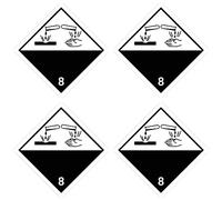 Pegatinas: 100 x 100 mm, 4 unidades - Nota de peligros - Clase 8 - Sustancias corrosivas - ADR/GHS/DGR/UN pictograma de seguridad