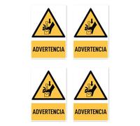 Pegatinas: 112,5 x 75 mm, 4 unidades - Señal de advertencia peligro de aplastamiento de mano entre herramientas de una prensa - Señal de advertencia con texto (amarillo/negro) - vertical - DIN EN ISO