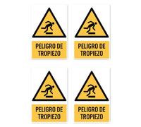 Pegatinas: 150 x 100 mm, 4 unidades, peligro de tropiezos, señales de advertencia con texto (amarillo/negro) - verticales - DIN EN ISO 7010 / ASR A1.3