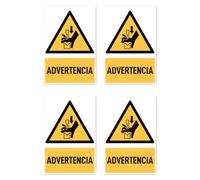 Pegatinas: 150 x 100 mm, 4 unidades - Señal de advertencia peligro de aplastamiento de mano entre herramientas de una prensa - Señal de advertencia con texto (amarillo/negro) - vertical - DIN EN ISO
