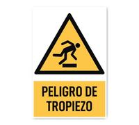 Pegatinas: 300 x 200 mm, 1 unidad, peligro de tropiezos, señales de advertencia con texto (amarillo/negro) - vertical - DIN EN ISO 7010 / ASR A1.3