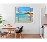 Pegatinas 3D Vinilo ventana Varias Medidas 100x90cm | Adhesivo Incluido | Decoración Habitación | Playa, Del Caribe con Palmeras | Multicolor | Diseño Elegante