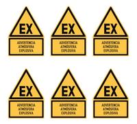 Pegatinas: 75 x 50 mm, 6 unidades - Advertencia atmosférica explosiva - Idioma: español - Señal de advertencia con texto (amarillo/negro) - Trick - D-W021 - DIN EN ISO 7010
