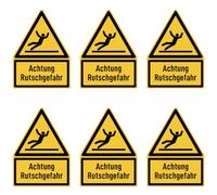 Pegatinas: 75 x 50 mm, 6 unidades. Advertencia: peligro de deslizamiento, señales de advertencia con texto (en alemán) (amarillo/negro) - Trick - W011 - DIN EN ISO 7010 / ASR A1.3