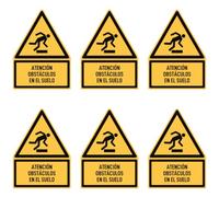 Pegatinas: 75 x 50 mm, 6 unidades - Atención obstáculos en el suelo - Idioma: español - Señal de advertencia con texto (amarillo/negro) - Trick - W007 - DIN EN ISO 7010