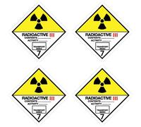 Pegatinas: 75 x 75 mm, 4 unidades - Nota de peligros - Clase 7C - Categoría II/3 - Sustancias radiactivas - ADR/GHS/DGR/UN pictograma de seguridad
