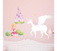 Pegatinas adhesivas para niños | Adhesivo de princesa, unicornio y castillo - Decoración de pared para habitación infantil | 1 tabla de 70 x 50 cm