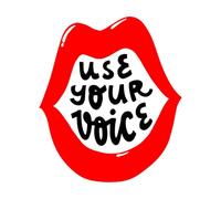 Pegatinas artísticas de vinilo Cita motivacional: usa tu voz, escrita dentro de una boca abierta. Buena. 67.2x77.9cm Varios tamaños Negro