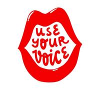 Pegatinas artísticas de vinilo Cita motivacional: usa tu voz, escrita dentro de una boca abierta. Buena. 54.6x63.3cm No se cae Rojo